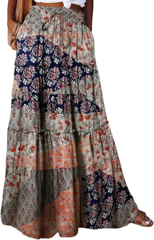 Long Skirts,Trendy Flowy Skirts for Women 2025 Elastic High Waisted Pleated Womens Boho Maxi Skirt with Pockets