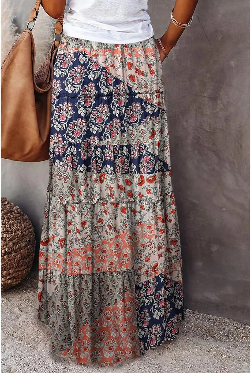 Long Skirts,Trendy Flowy Skirts for Women 2025 Elastic High Waisted Pleated Womens Boho Maxi Skirt with Pockets