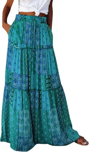 Long Skirts,Trendy Flowy Skirts for Women 2025 Elastic High Waisted Pleated Womens Boho Maxi Skirt with Pockets