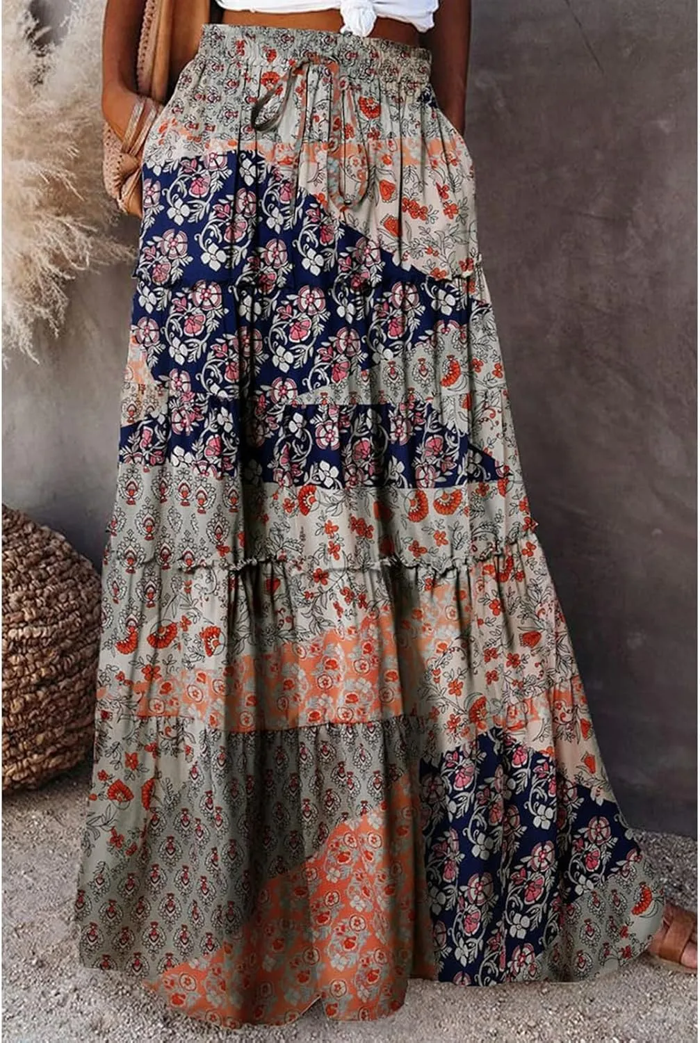 Long Skirts,Trendy Flowy Skirts for Women 2025 Elastic High Waisted Pleated Womens Boho Maxi Skirt with Pockets