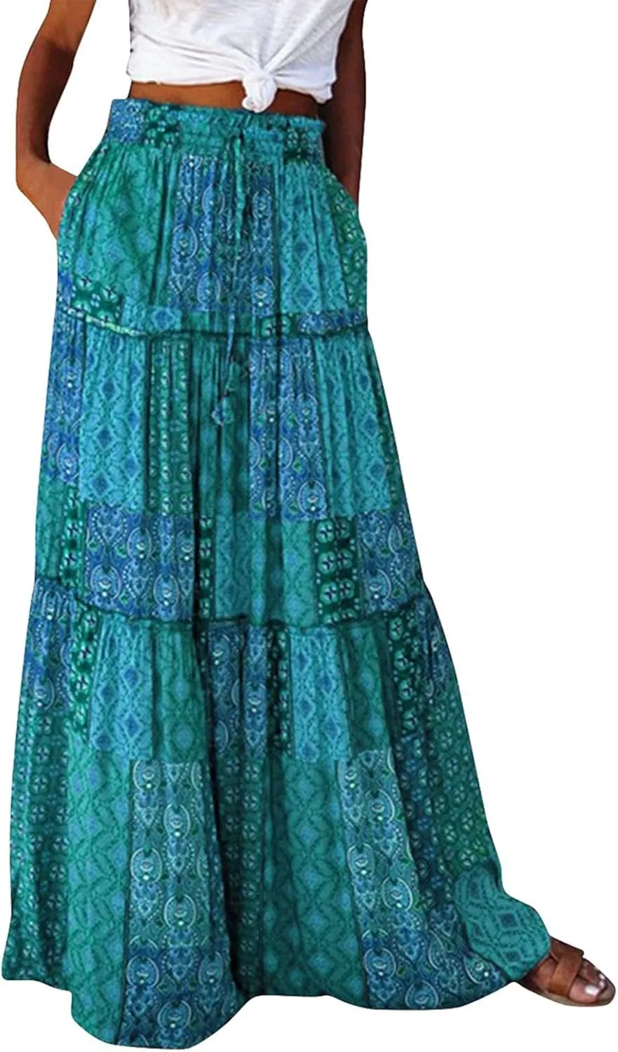 Long Skirts,Trendy Flowy Skirts for Women 2025 Elastic High Waisted Pleated Womens Boho Maxi Skirt with Pockets