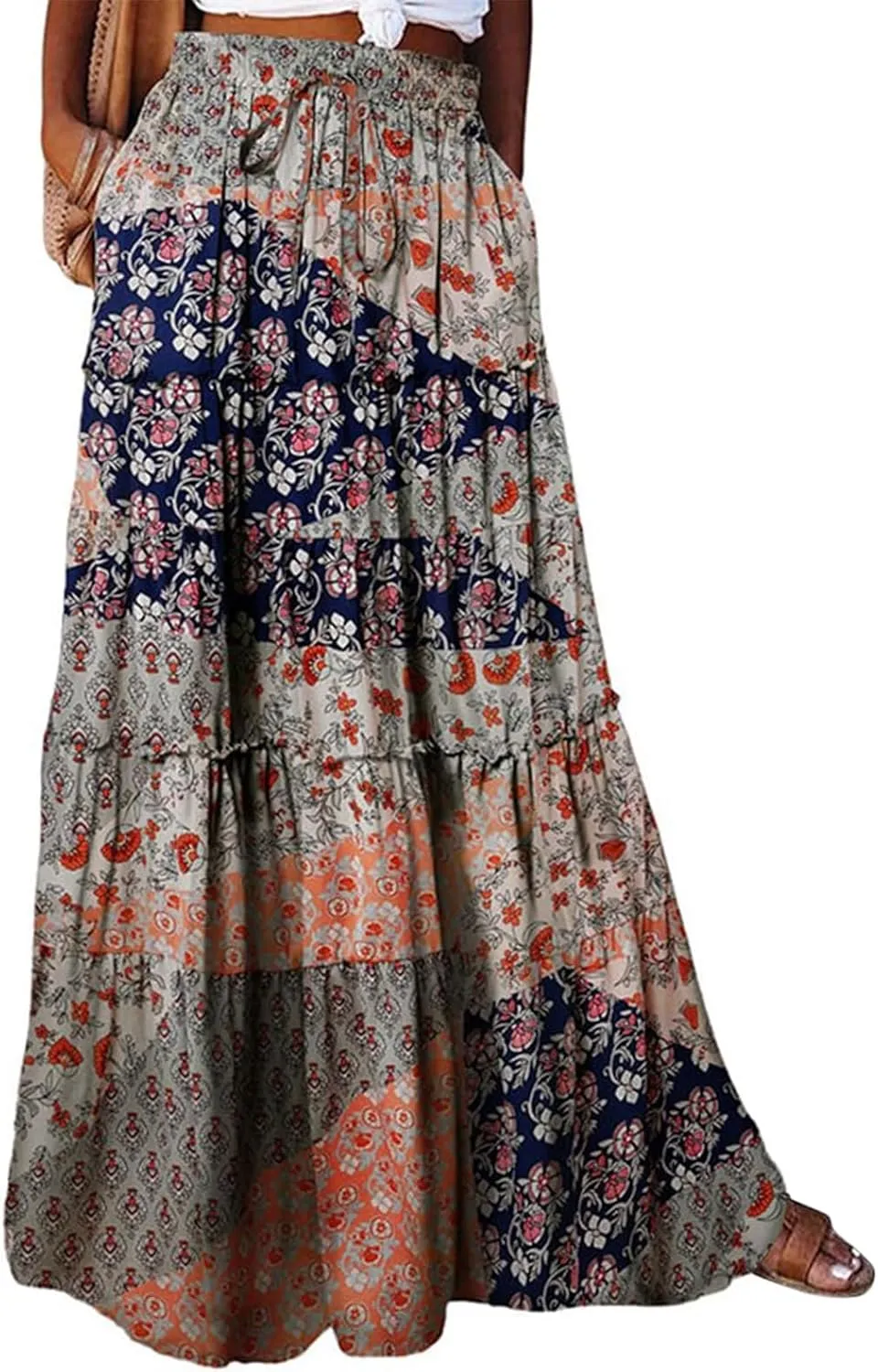 Long Skirts,Trendy Flowy Skirts for Women 2025 Elastic High Waisted Pleated Womens Boho Maxi Skirt with Pockets