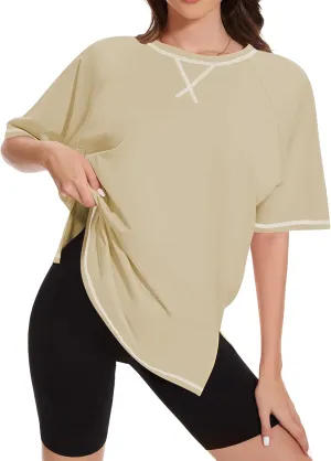 LOZ Womens Oversized T Shirts Casual Basic Short Sleeve Shirts Loose Fit Crew Neck Tees Solid Side Slit Tops
