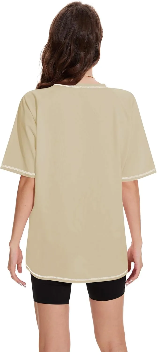 LOZ Womens Oversized T Shirts Casual Basic Short Sleeve Shirts Loose Fit Crew Neck Tees Solid Side Slit Tops