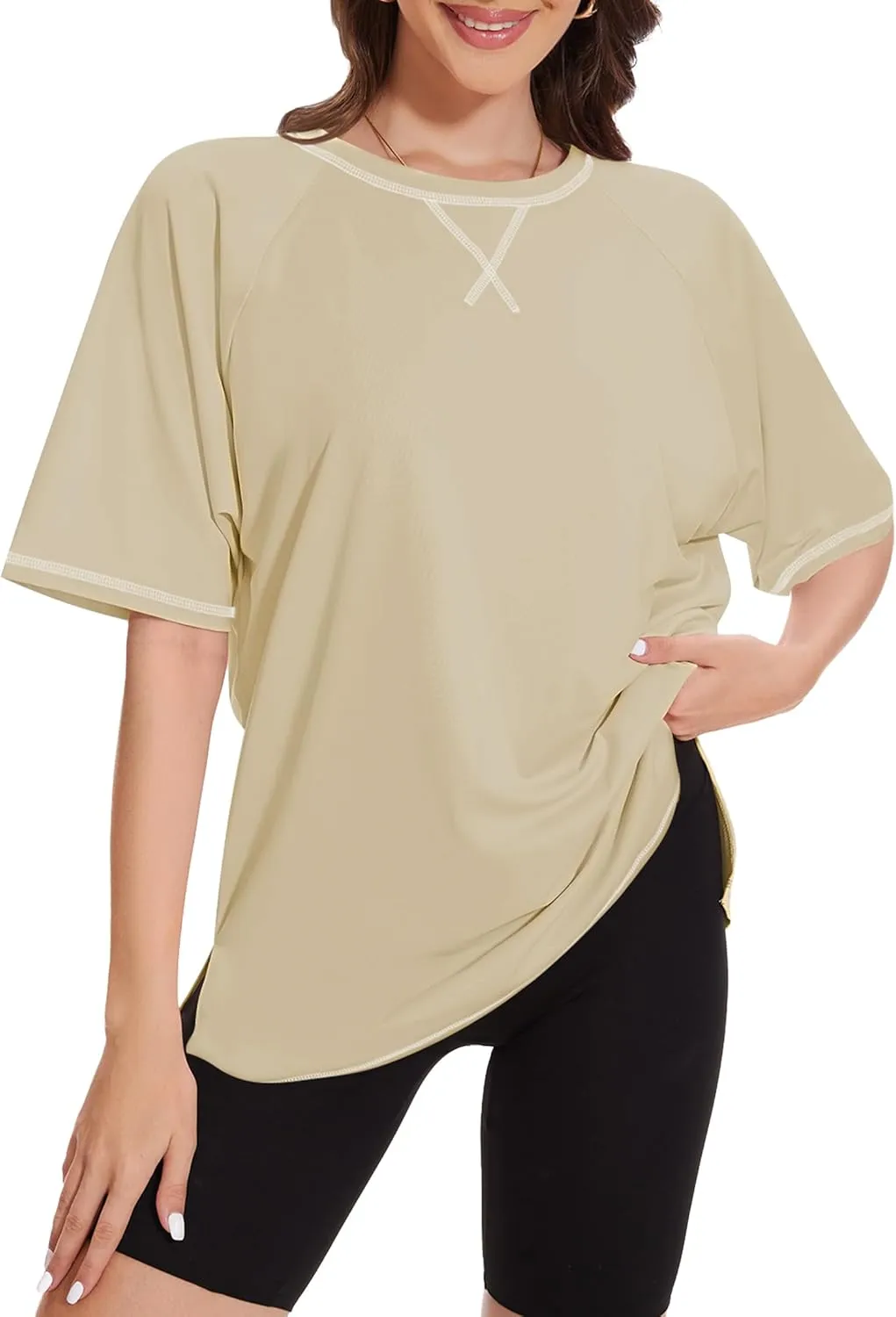 LOZ Womens Oversized T Shirts Casual Basic Short Sleeve Shirts Loose Fit Crew Neck Tees Solid Side Slit Tops