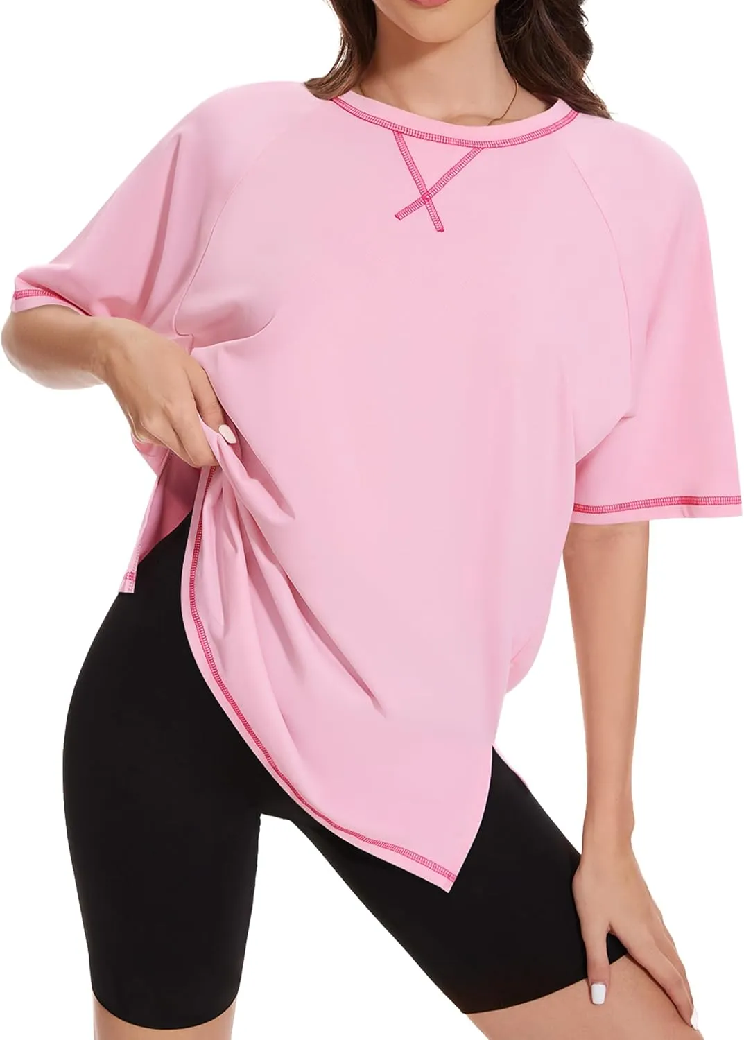 LOZ Womens Oversized T Shirts Casual Basic Short Sleeve Shirts Loose Fit Crew Neck Tees Solid Side Slit Tops