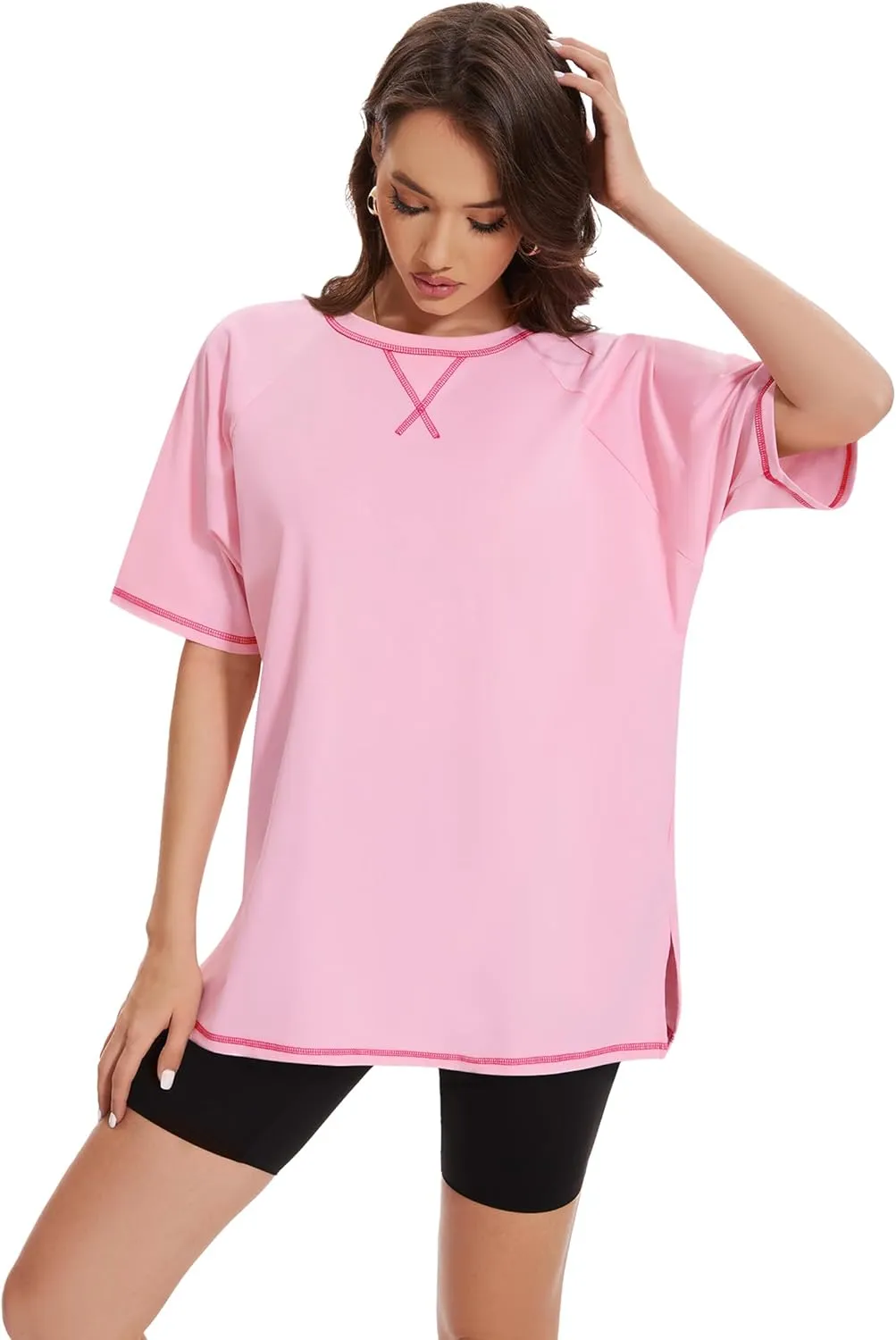 LOZ Womens Oversized T Shirts Casual Basic Short Sleeve Shirts Loose Fit Crew Neck Tees Solid Side Slit Tops