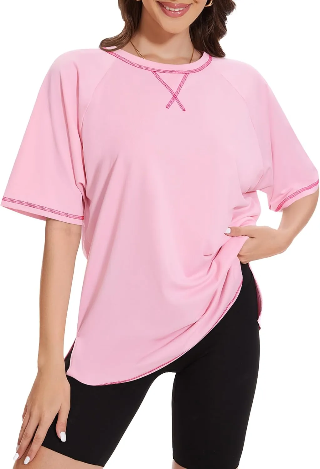 LOZ Womens Oversized T Shirts Casual Basic Short Sleeve Shirts Loose Fit Crew Neck Tees Solid Side Slit Tops