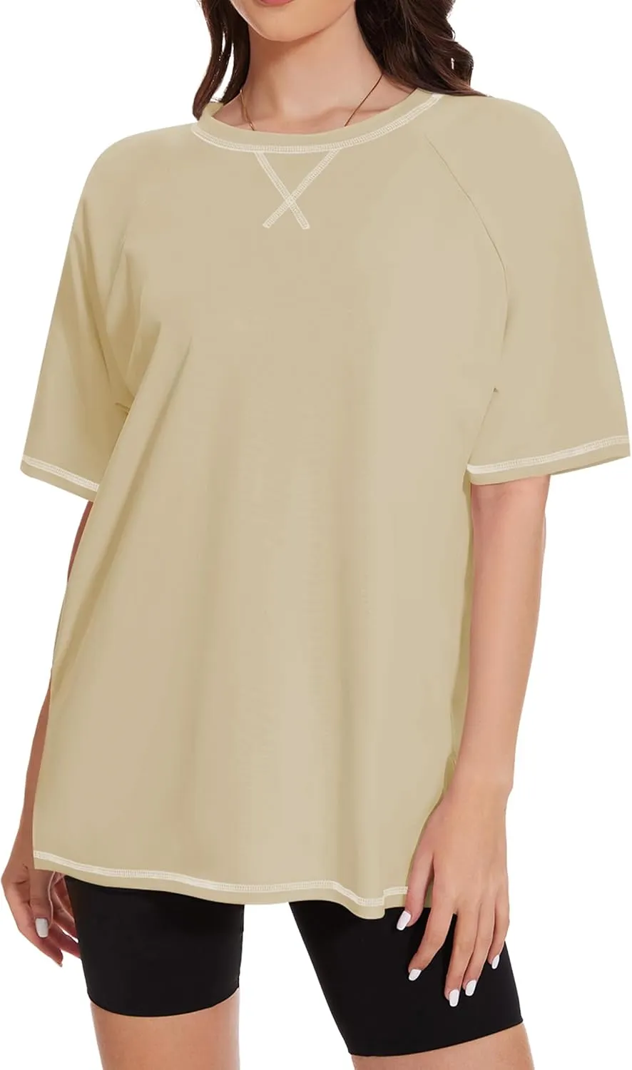LOZ Womens Oversized T Shirts Casual Basic Short Sleeve Shirts Loose Fit Crew Neck Tees Solid Side Slit Tops