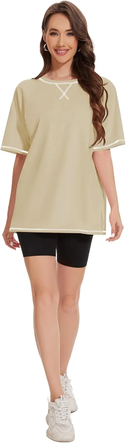 LOZ Womens Oversized T Shirts Casual Basic Short Sleeve Shirts Loose Fit Crew Neck Tees Solid Side Slit Tops