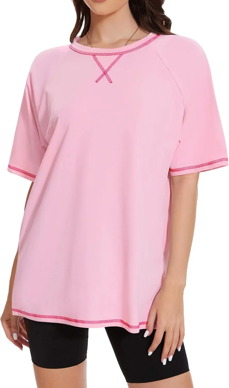 LOZ Womens Oversized T Shirts Casual Basic Short Sleeve Shirts Loose Fit Crew Neck Tees Solid Side Slit Tops