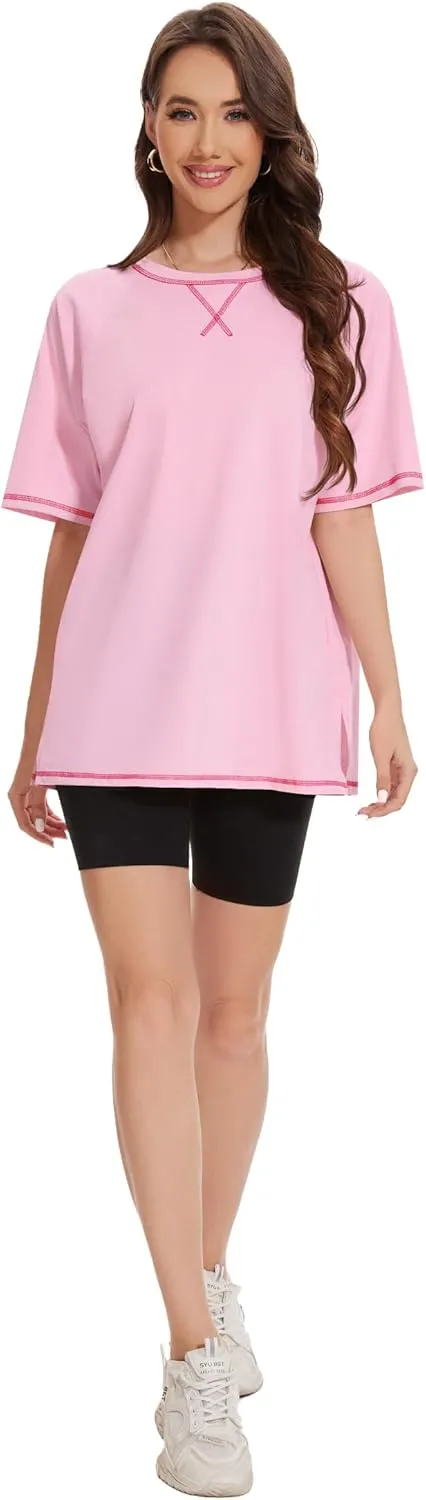 LOZ Womens Oversized T Shirts Casual Basic Short Sleeve Shirts Loose Fit Crew Neck Tees Solid Side Slit Tops