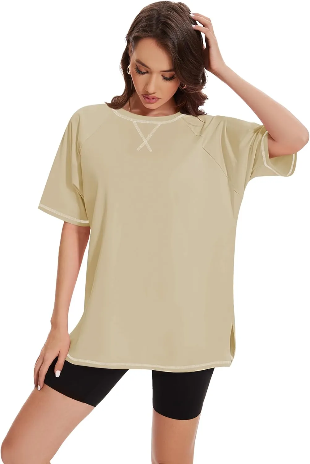 LOZ Womens Oversized T Shirts Casual Basic Short Sleeve Shirts Loose Fit Crew Neck Tees Solid Side Slit Tops
