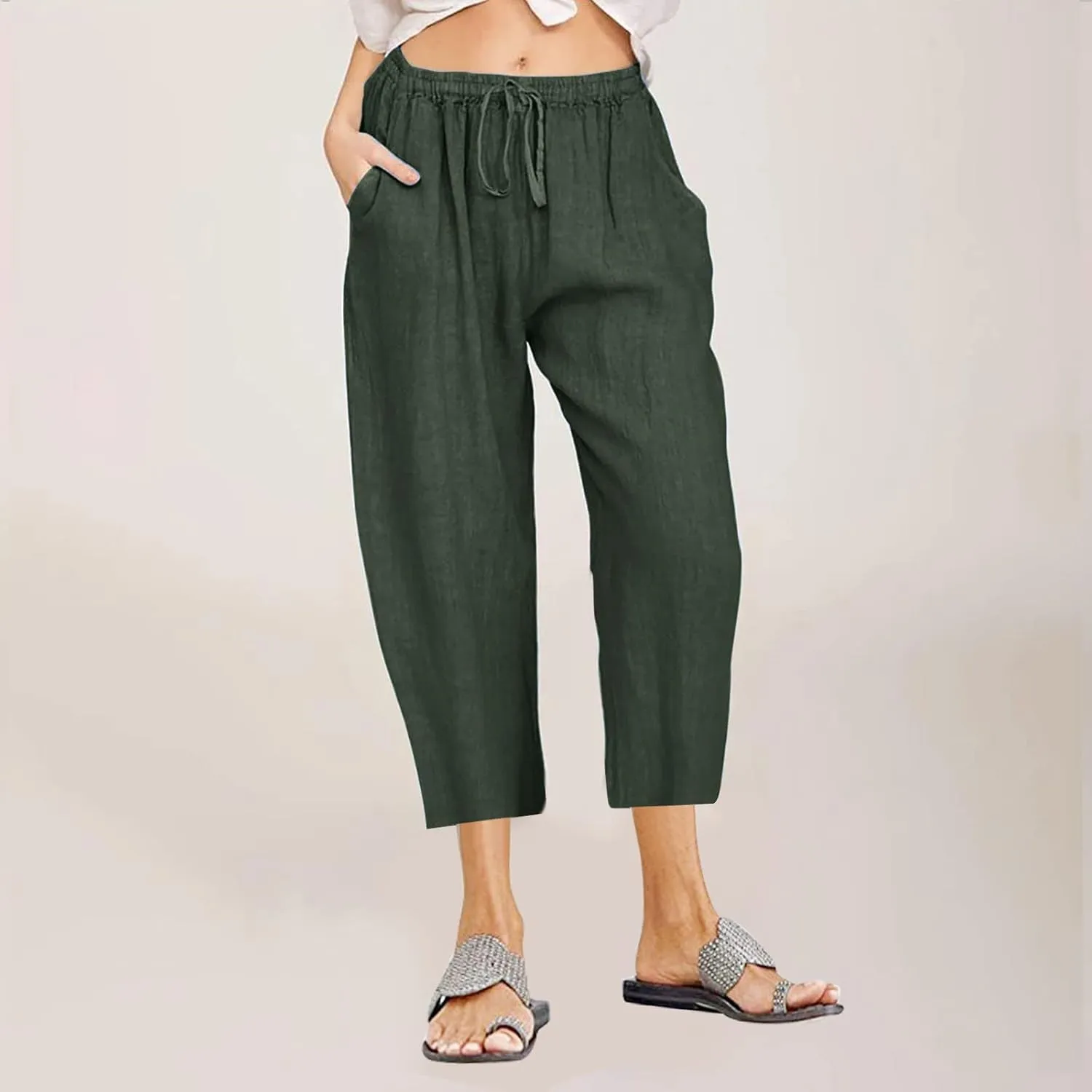 LRMQS Beach Pants Capri Length for Women 2024 Spring Summer Linen Capris Drawstring Elastic Waist Trendy Cropped Trousers