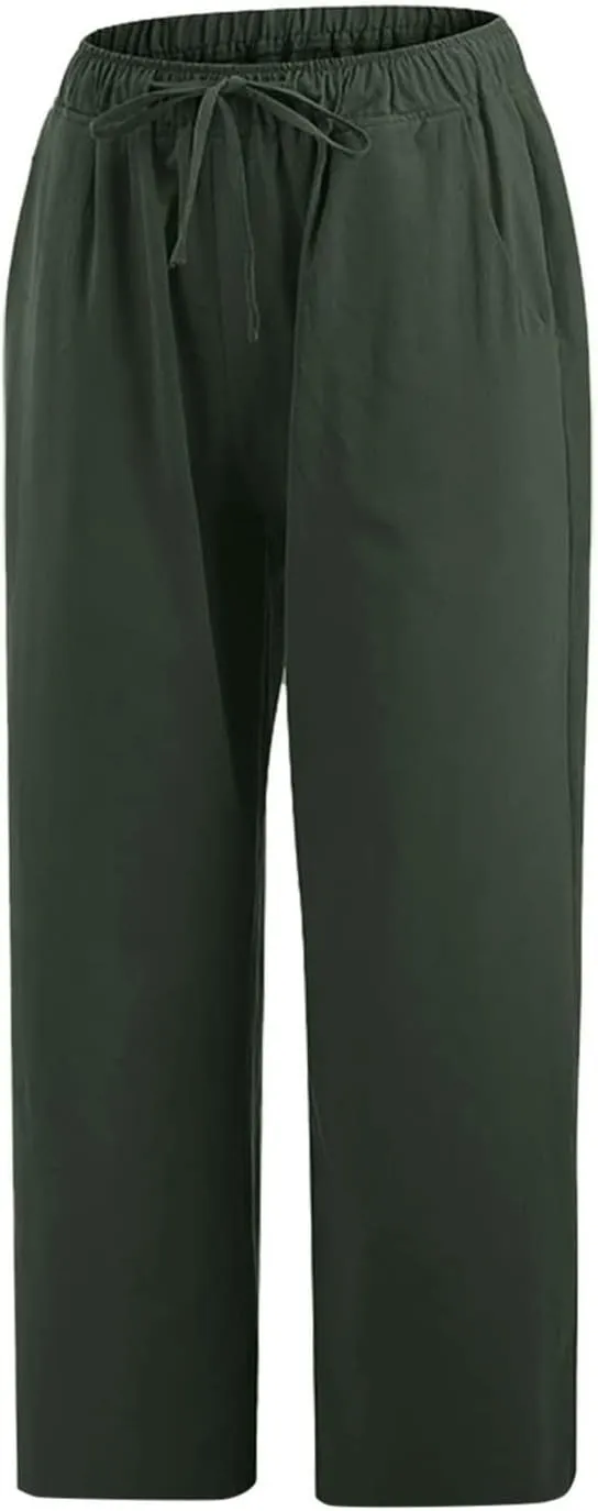 LRMQS Beach Pants Capri Length for Women 2024 Spring Summer Linen Capris Drawstring Elastic Waist Trendy Cropped Trousers