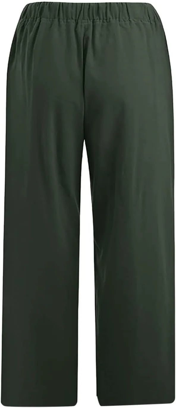 LRMQS Beach Pants Capri Length for Women 2024 Spring Summer Linen Capris Drawstring Elastic Waist Trendy Cropped Trousers