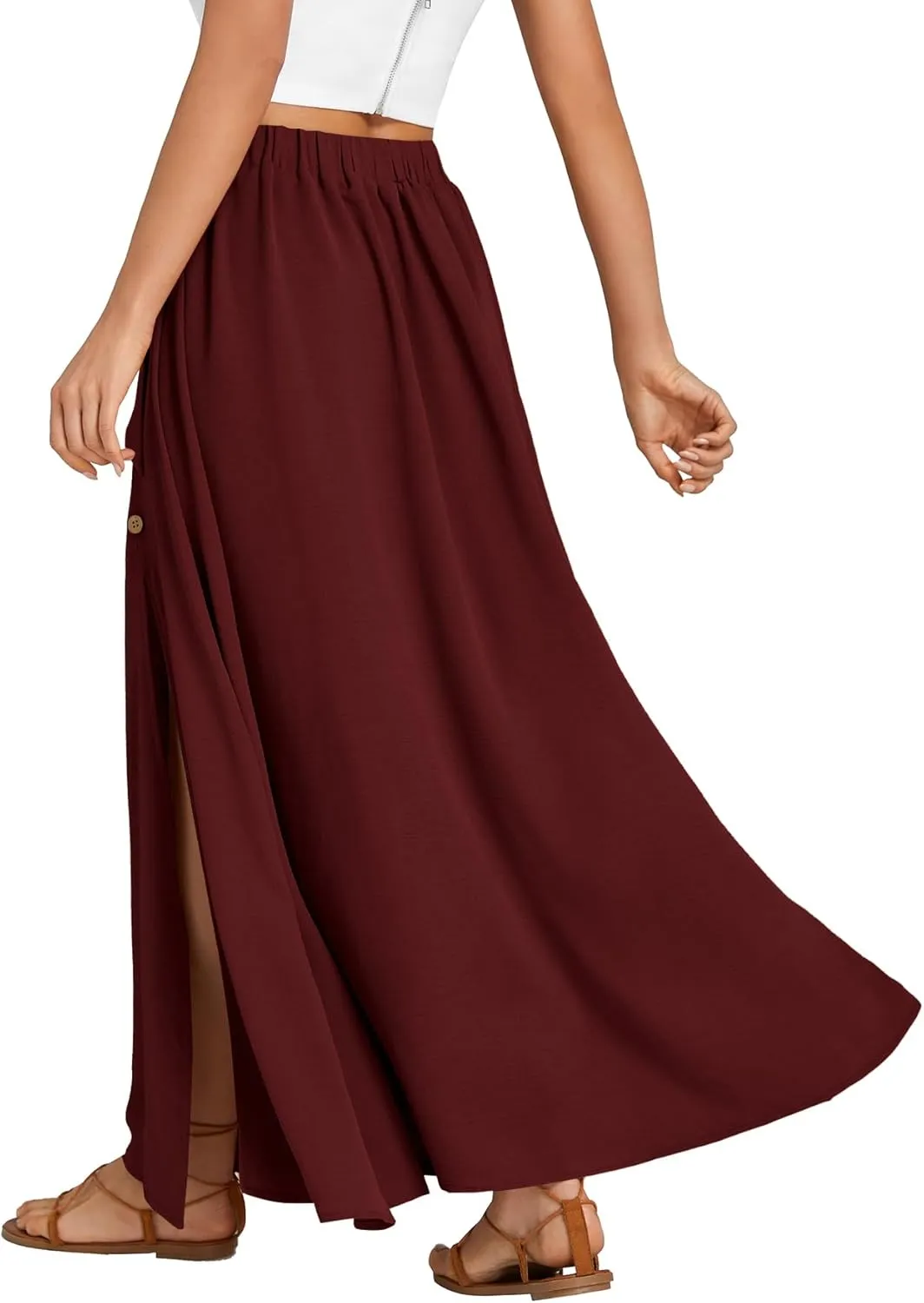 LYANER Women's Casual Tie Waist Button Front Split Skirts High Waist Swing Flowy Maxi Skirt