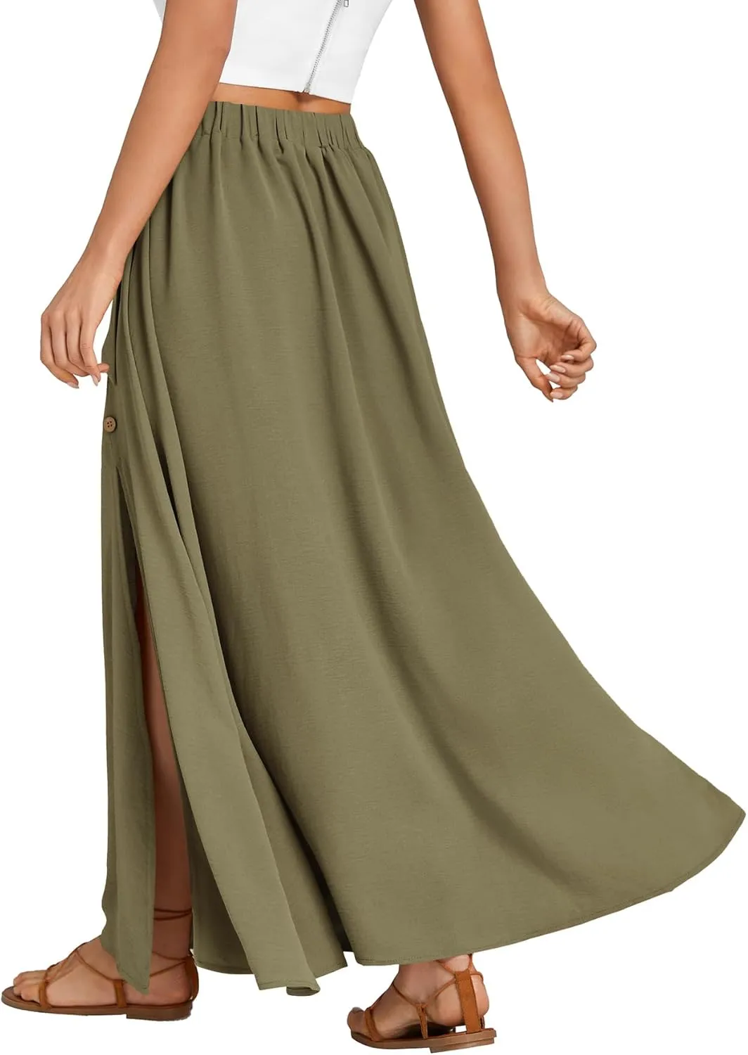 LYANER Women's Casual Tie Waist Button Front Split Skirts High Waist Swing Flowy Maxi Skirt