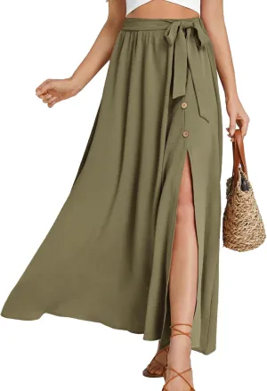 LYANER Women's Casual Tie Waist Button Front Split Skirts High Waist Swing Flowy Maxi Skirt