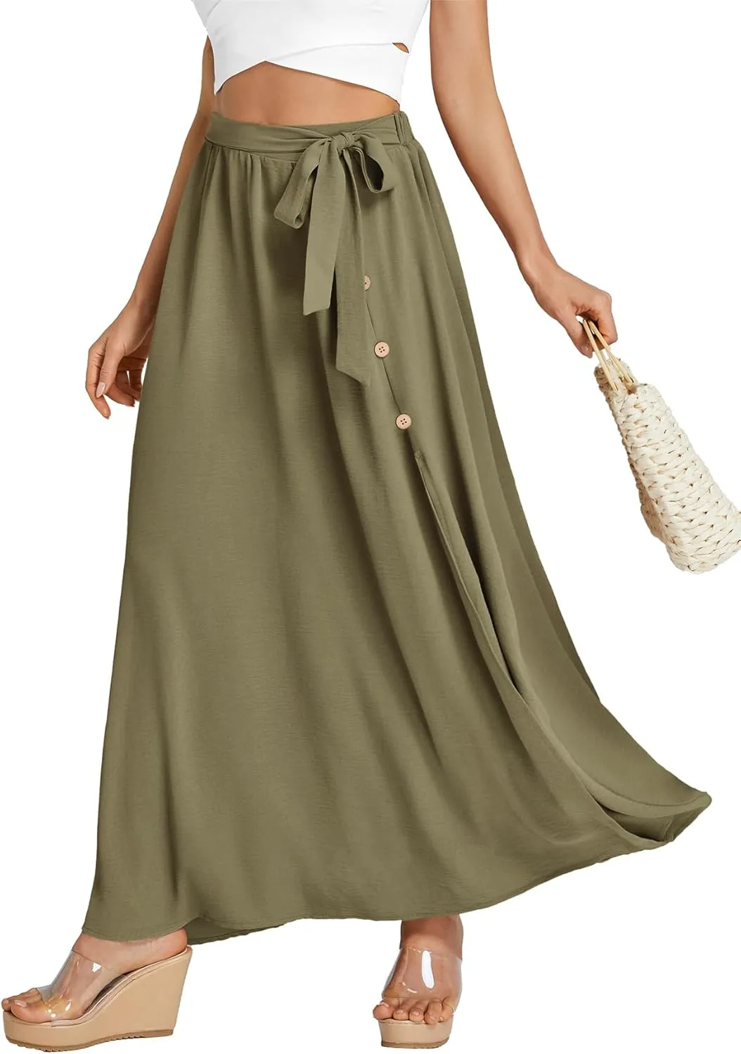 LYANER Women's Casual Tie Waist Button Front Split Skirts High Waist Swing Flowy Maxi Skirt