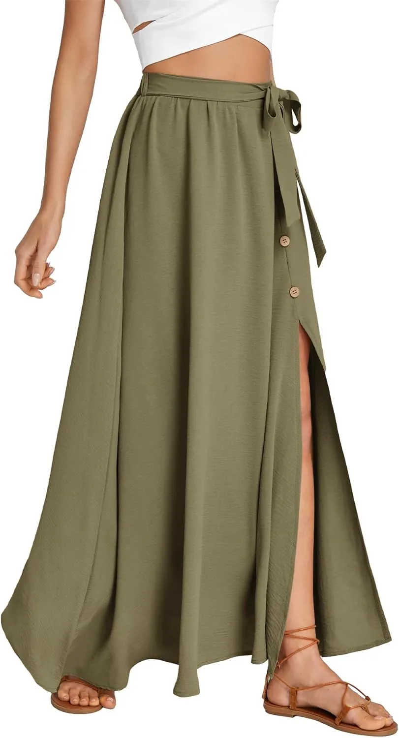 LYANER Women's Casual Tie Waist Button Front Split Skirts High Waist Swing Flowy Maxi Skirt