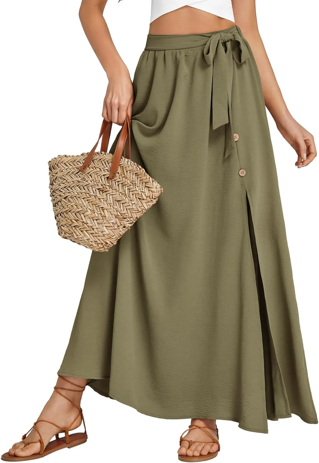 LYANER Women's Casual Tie Waist Button Front Split Skirts High Waist Swing Flowy Maxi Skirt