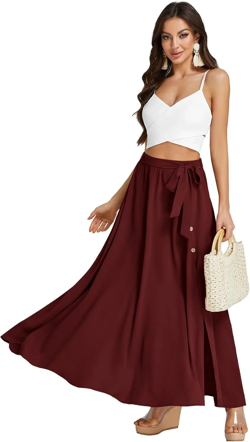 LYANER Women's Casual Tie Waist Button Front Split Skirts High Waist Swing Flowy Maxi Skirt