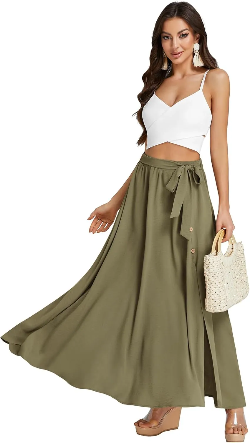 LYANER Women's Casual Tie Waist Button Front Split Skirts High Waist Swing Flowy Maxi Skirt