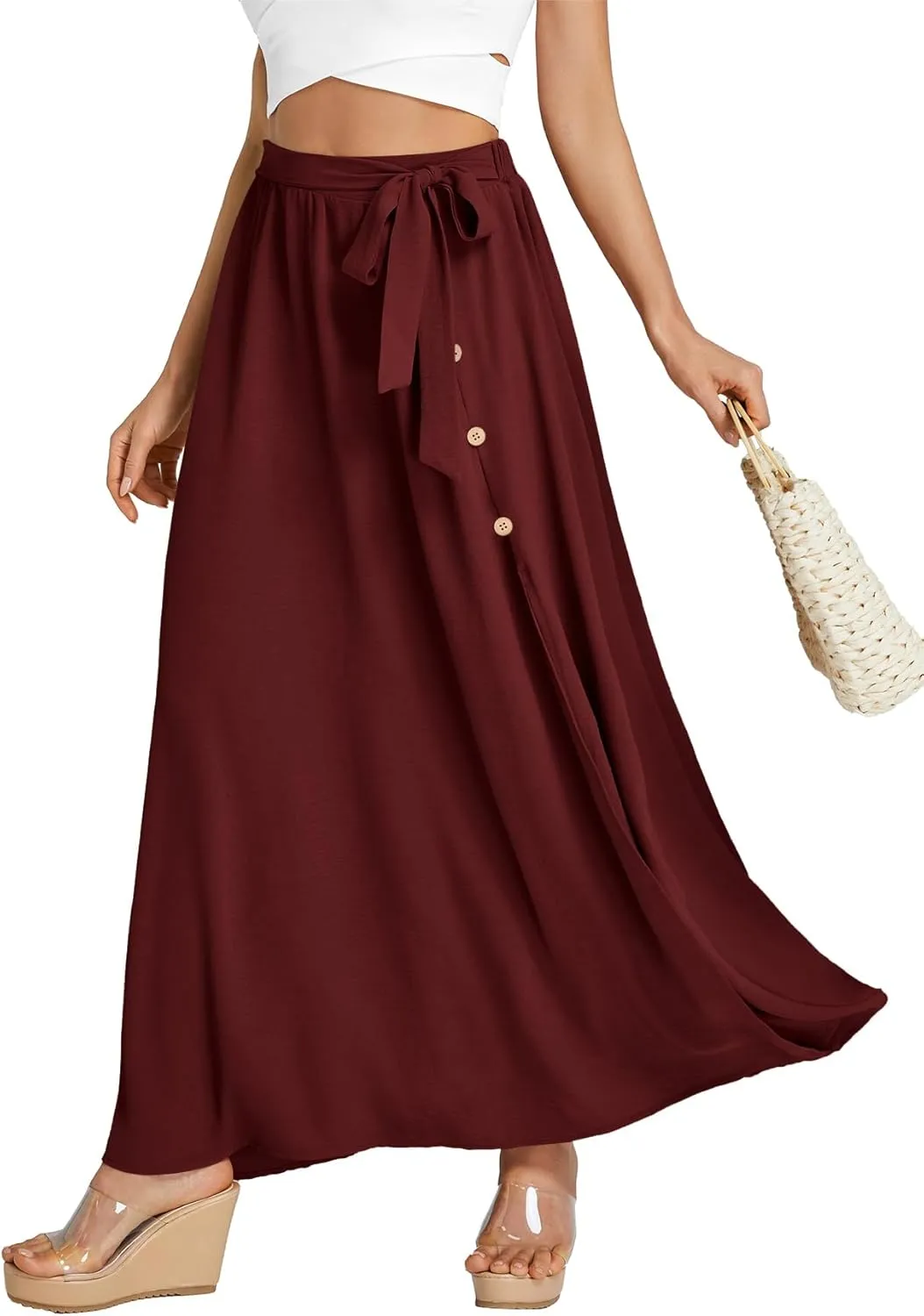 LYANER Women's Casual Tie Waist Button Front Split Skirts High Waist Swing Flowy Maxi Skirt