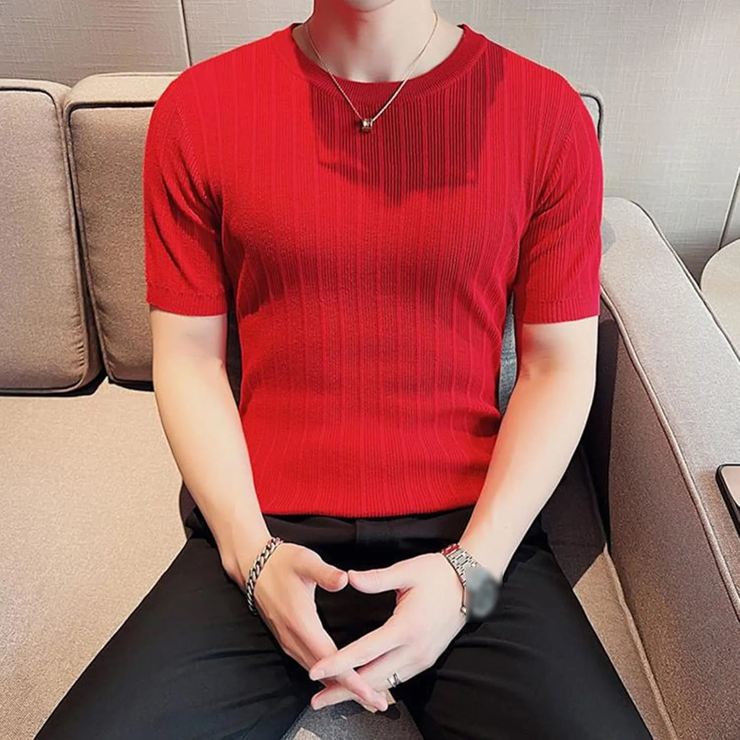 Maiyifu-GJ Men Solid Knitted Tee Fitness Slim Fitted Ribbed Short Sleeve Crewneck Casual Sweater Pullover