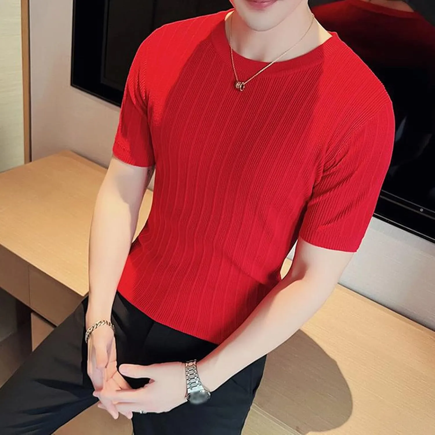 Maiyifu-GJ Men Solid Knitted Tee Fitness Slim Fitted Ribbed Short Sleeve Crewneck Casual Sweater Pullover