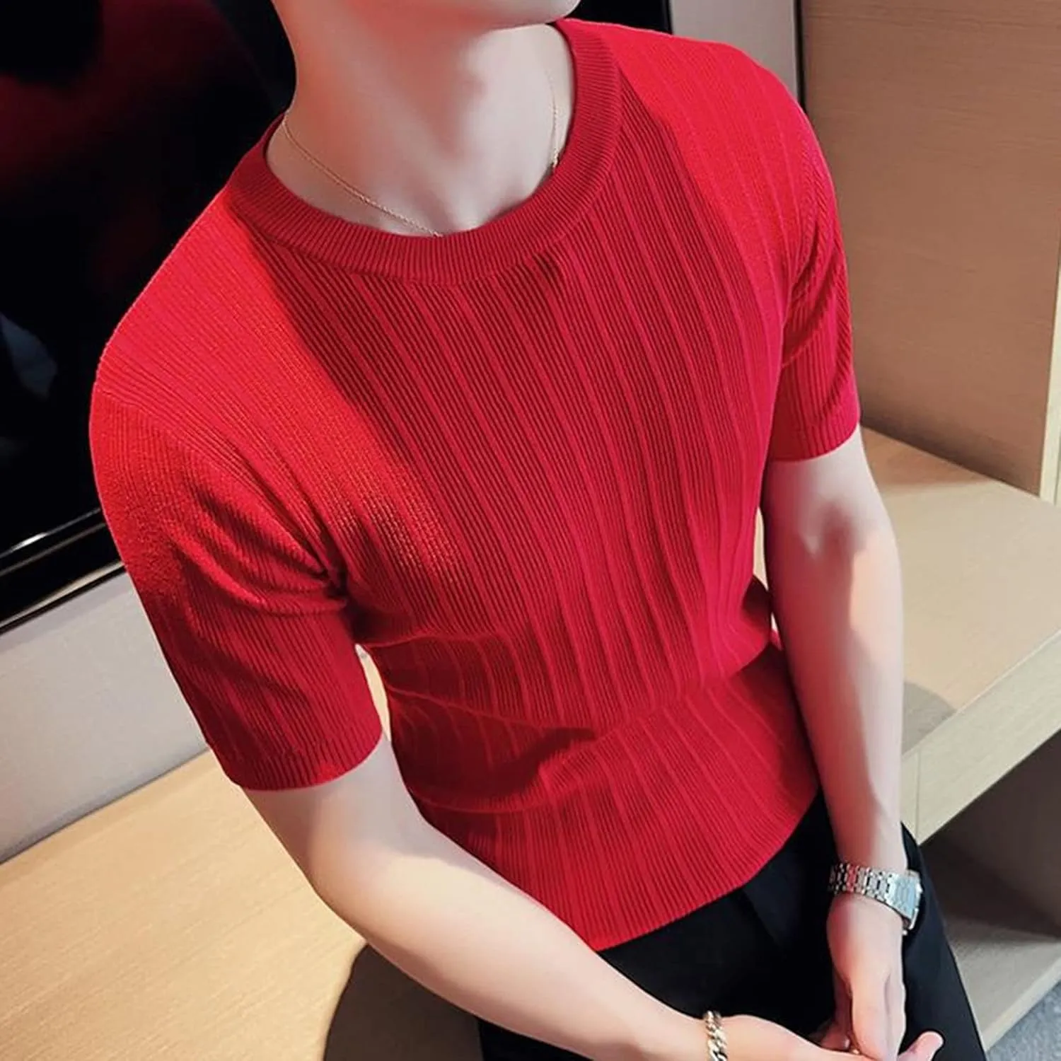 Maiyifu-GJ Men Solid Knitted Tee Fitness Slim Fitted Ribbed Short Sleeve Crewneck Casual Sweater Pullover