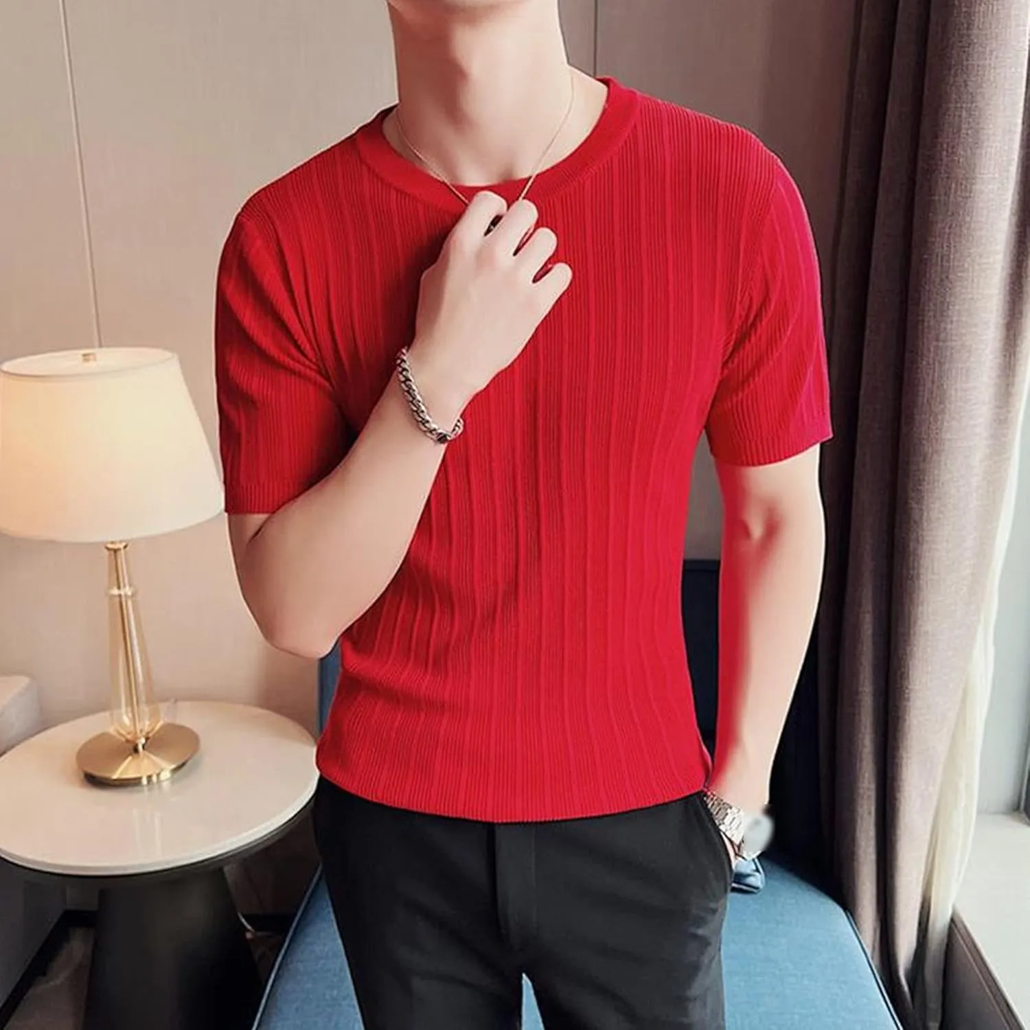 Maiyifu-GJ Men Solid Knitted Tee Fitness Slim Fitted Ribbed Short Sleeve Crewneck Casual Sweater Pullover
