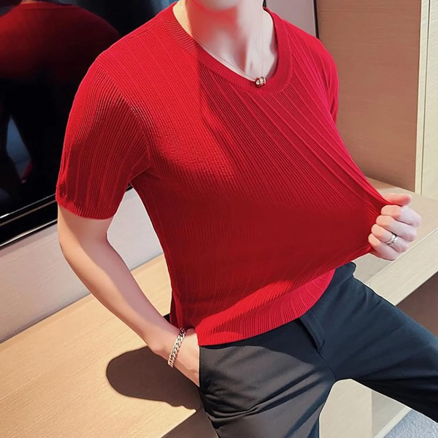Maiyifu-GJ Men Solid Knitted Tee Fitness Slim Fitted Ribbed Short Sleeve Crewneck Casual Sweater Pullover