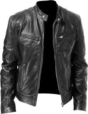 Maiyifu-GJ Men's Casual Faux Leather Jacket Vintage Stand Collar Leather Jacket Lightweight Zipper Motorcycle Biker Coat