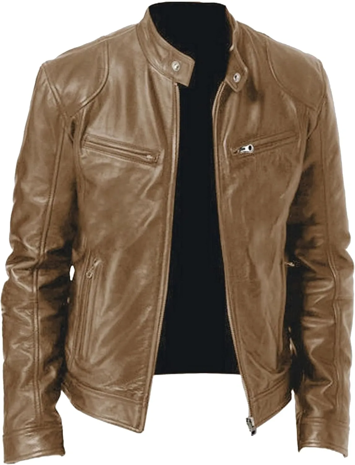 Maiyifu-GJ Men's Casual Faux Leather Jacket Vintage Stand Collar Leather Jacket Lightweight Zipper Motorcycle Biker Coat