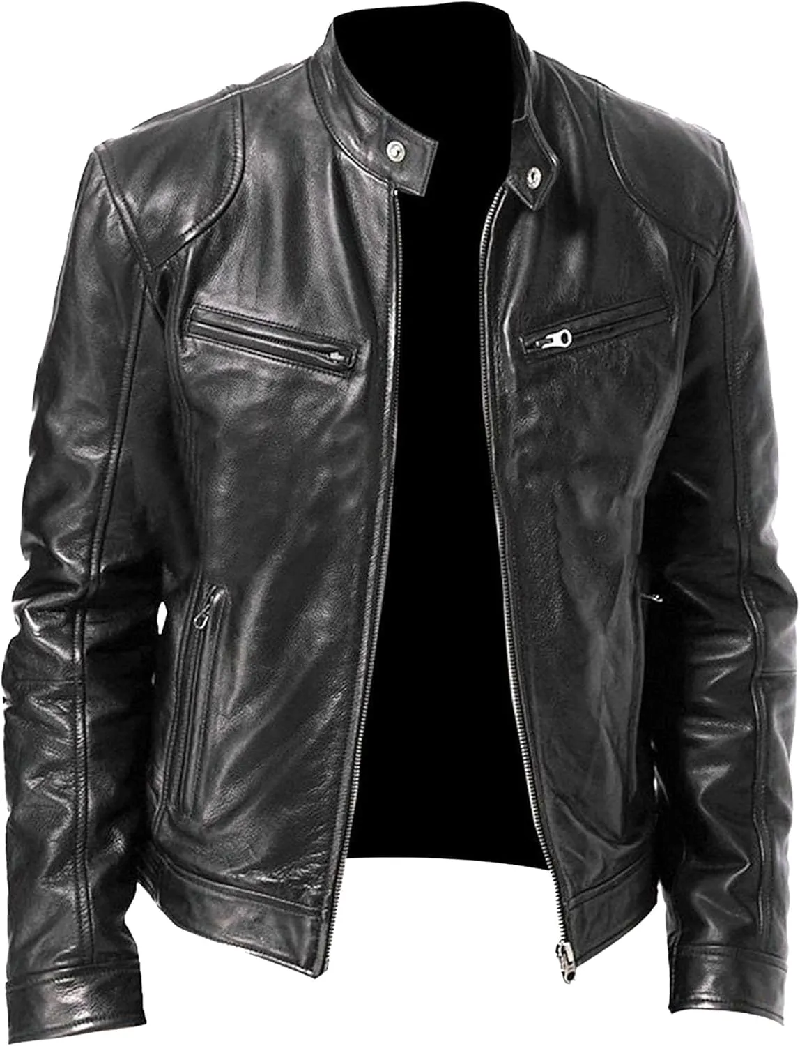 Maiyifu-GJ Men's Casual Faux Leather Jacket Vintage Stand Collar Leather Jacket Lightweight Zipper Motorcycle Biker Coat
