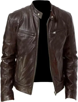 Maiyifu-GJ Men's Casual Faux Leather Jacket Vintage Stand Collar Leather Jacket Lightweight Zipper Motorcycle Biker Coat