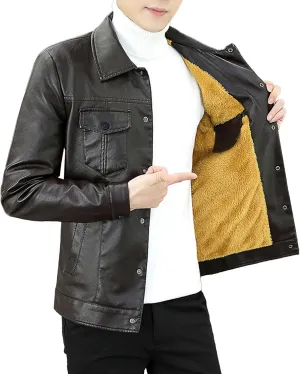 Maiyifu-GJ Men's Faux Leather Jacket Casual Warm Fleece Lined Leather Jacket Fall Winter Motorcycle Biker Coat Windbreaker