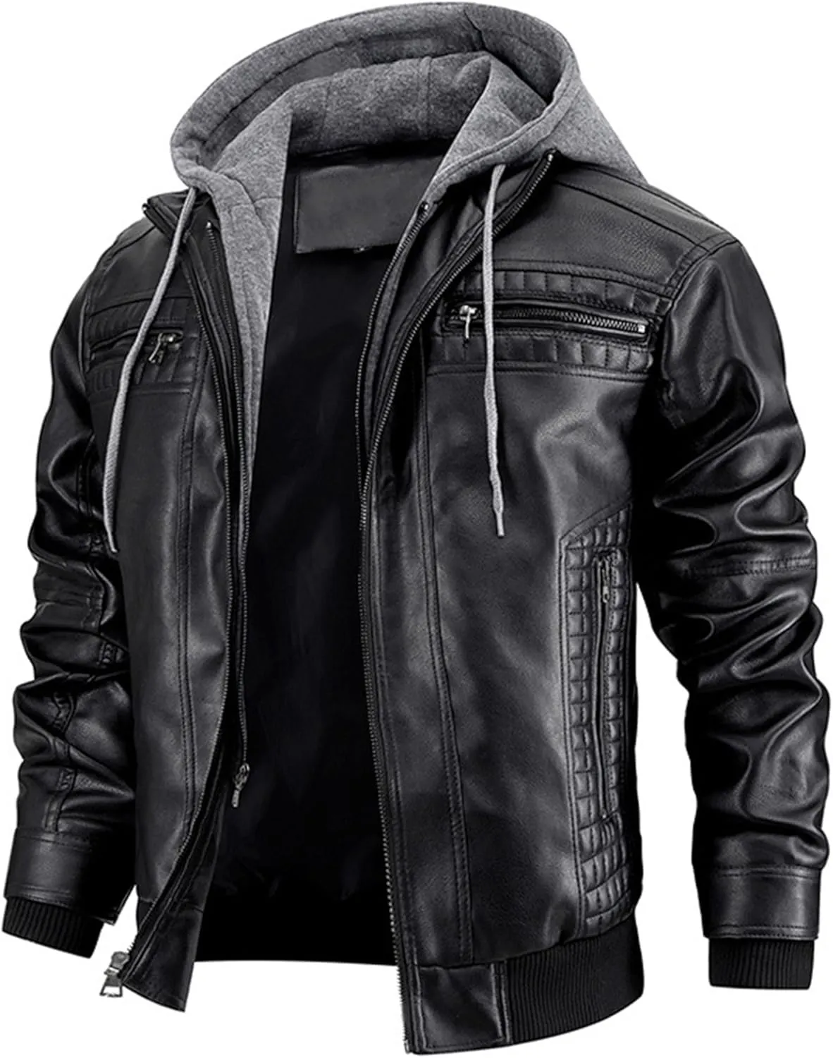 Maiyifu-GJ Men's Faux Leather Jacket Fall Winter Warm Hooded Leather Jacket Vintage Motorcycle Biker Coat Windbreaker