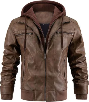 Maiyifu-GJ Men's Faux Leather Jacket Fall Winter Warm Hooded Leather Jacket Vintage Motorcycle Biker Coat Windbreaker