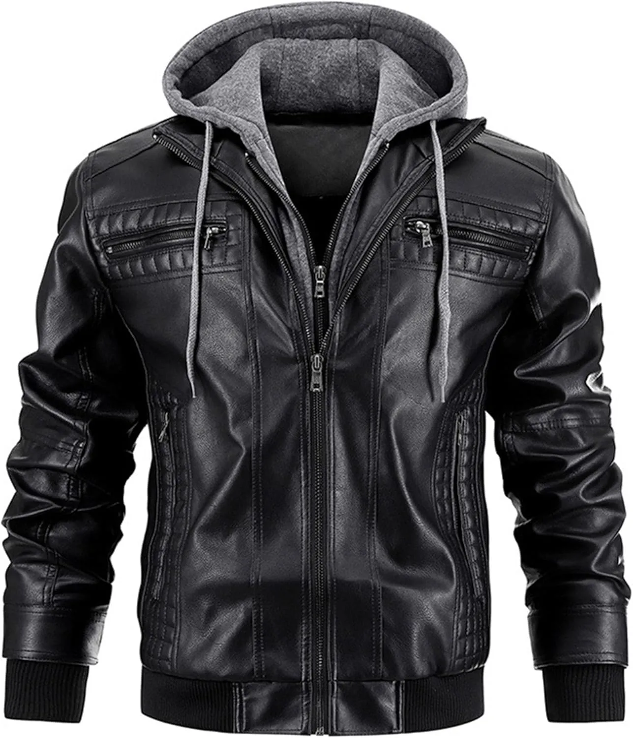 Maiyifu-GJ Men's Faux Leather Jacket Fall Winter Warm Hooded Leather Jacket Vintage Motorcycle Biker Coat Windbreaker
