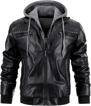 Maiyifu-GJ Men's Faux Leather Jacket Fall Winter Warm Hooded Leather Jacket Vintage Motorcycle Biker Coat Windbreaker