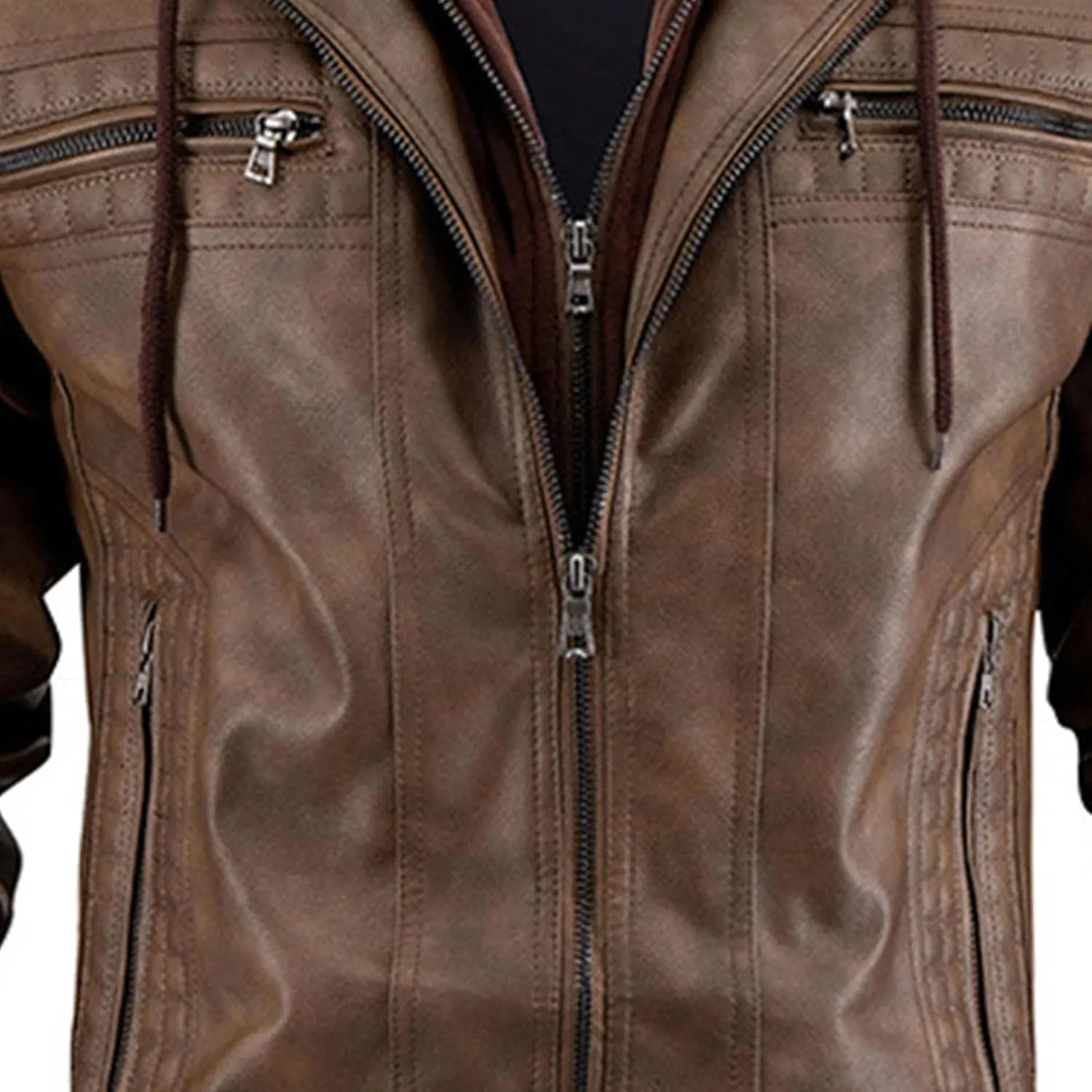 Maiyifu-GJ Men's Faux Leather Jacket Fall Winter Warm Hooded Leather Jacket Vintage Motorcycle Biker Coat Windbreaker