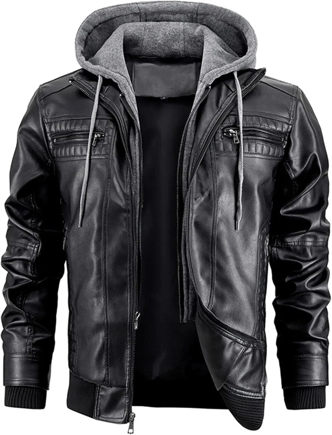Maiyifu-GJ Men's Faux Leather Jacket Fall Winter Warm Hooded Leather Jacket Vintage Motorcycle Biker Coat Windbreaker