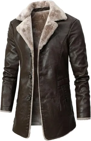 Maiyifu-GJ Men's Faux Leather Jacket Motorcycle Biker Coat Mid-length Overcoat Fleece Lined Leather Jacket Windbreaker