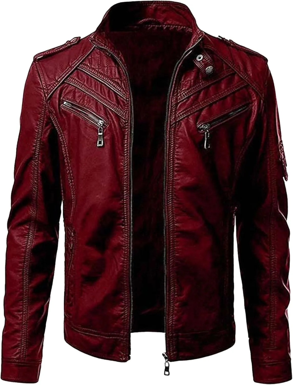 Maiyifu-GJ Men's Vintage Faux Leather Jacket Casual Stand Collar Leather Jacket Lightweight Slim Fit Motorcycle Biker Coat