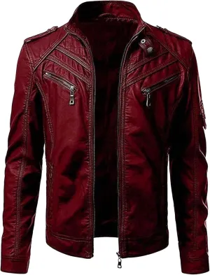 Maiyifu-GJ Men's Vintage Faux Leather Jacket Casual Stand Collar Leather Jacket Lightweight Slim Fit Motorcycle Biker Coat