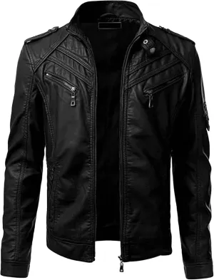 Maiyifu-GJ Men's Vintage Faux Leather Jacket Casual Stand Collar Leather Jacket Lightweight Slim Fit Motorcycle Biker Coat