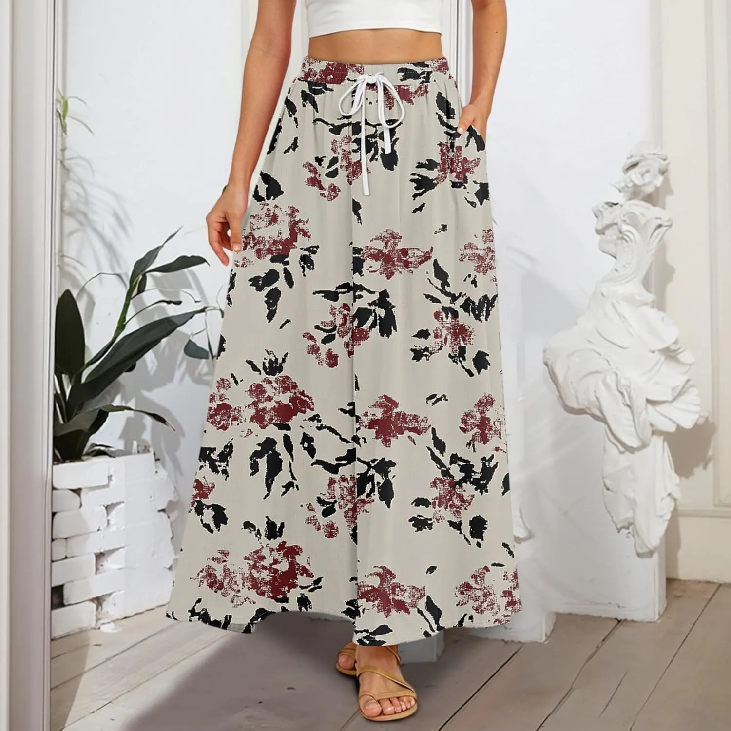 Maxi Floral Flare Skirts for Women 2025 Boho High Elastic Waist Long Flowy Smocked A Line Skirt Skort with Pockets